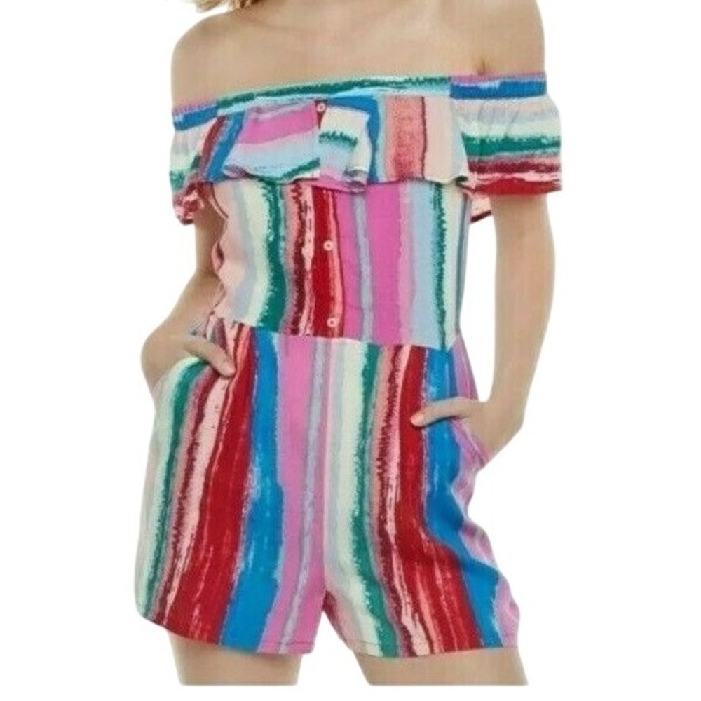 Candie's Marilyn‎ Striped Off The Shoulder Size Medium Colorful Short Romper NWT